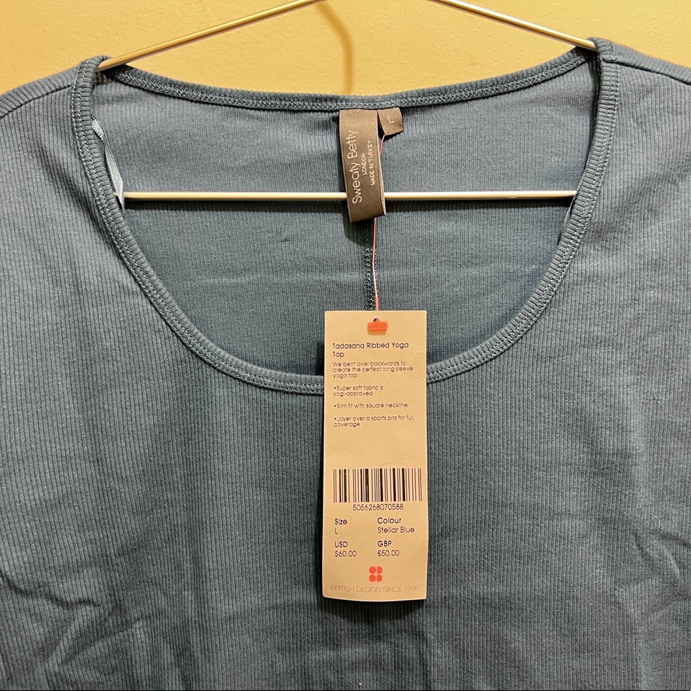 Sweaty Betty blue gray ribbed long-sleeved top NWT